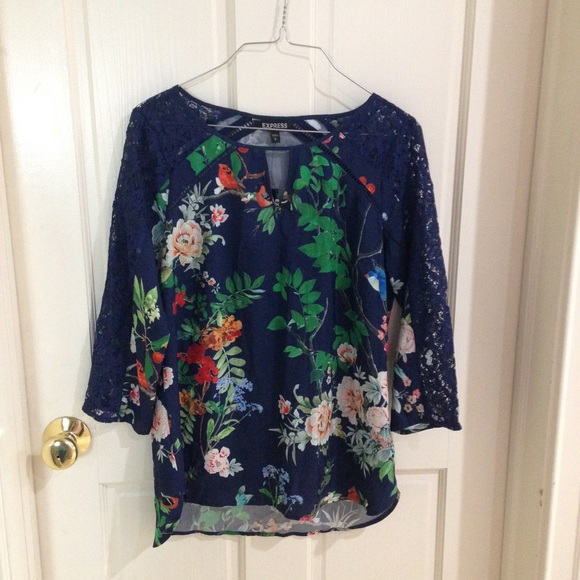 Express Tops - NWT Express Navy Floral Lace Top Blouse Small S